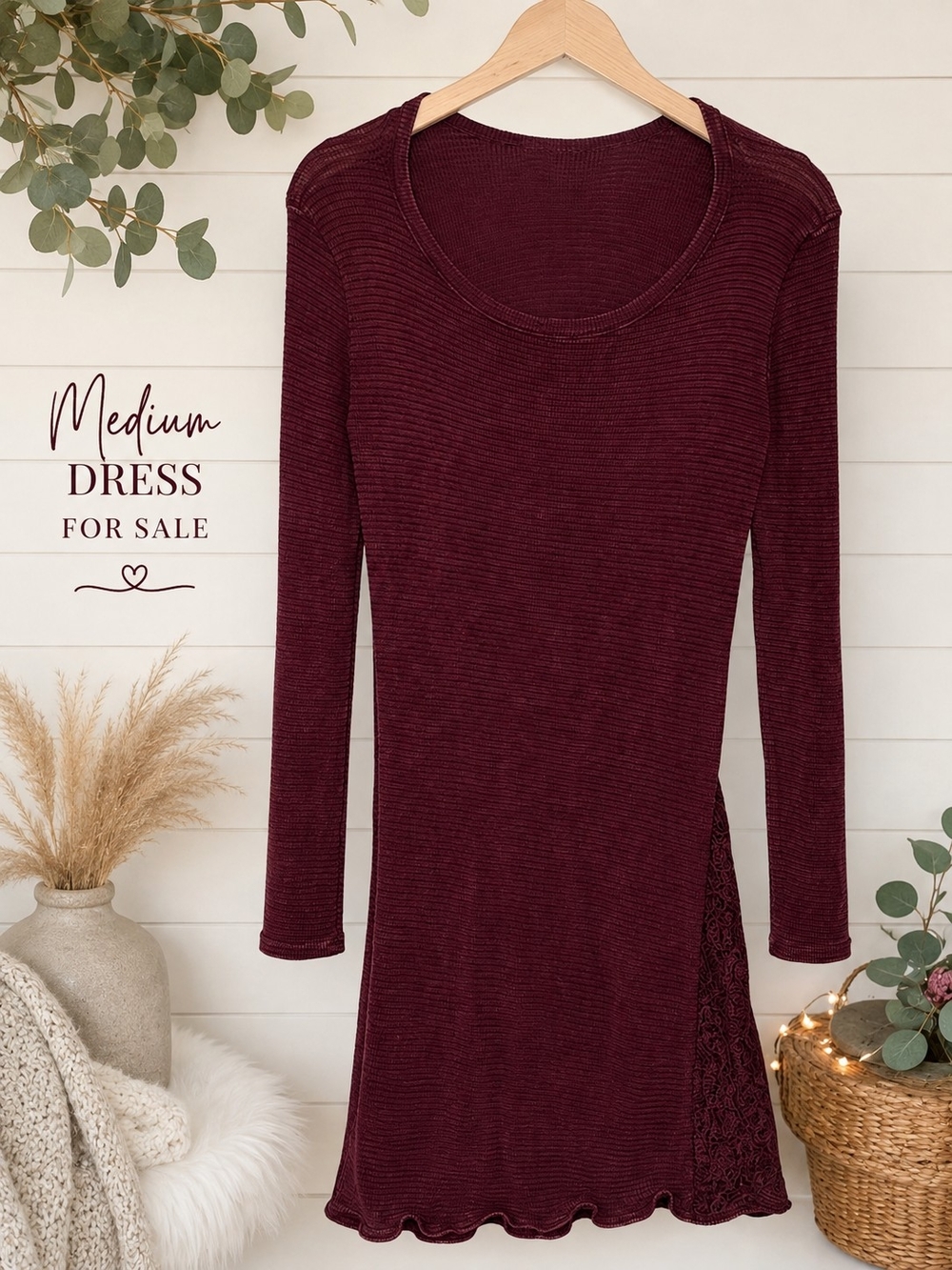 Able Long Sleeve Ribbed Knit Dress in Burgundy